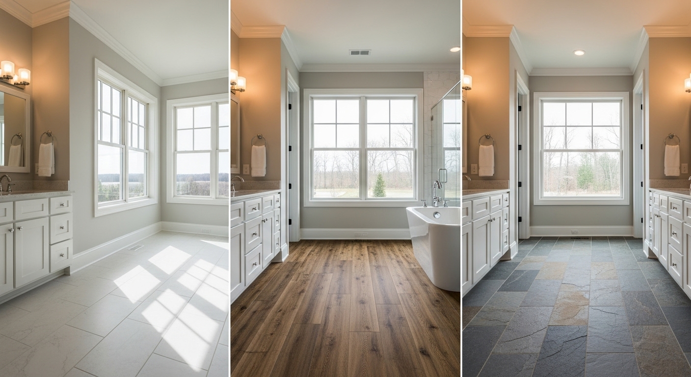 Comparison of ceramic tile, luxury vinyl, and natural stone bathroom flooring options for Bristol CT homes