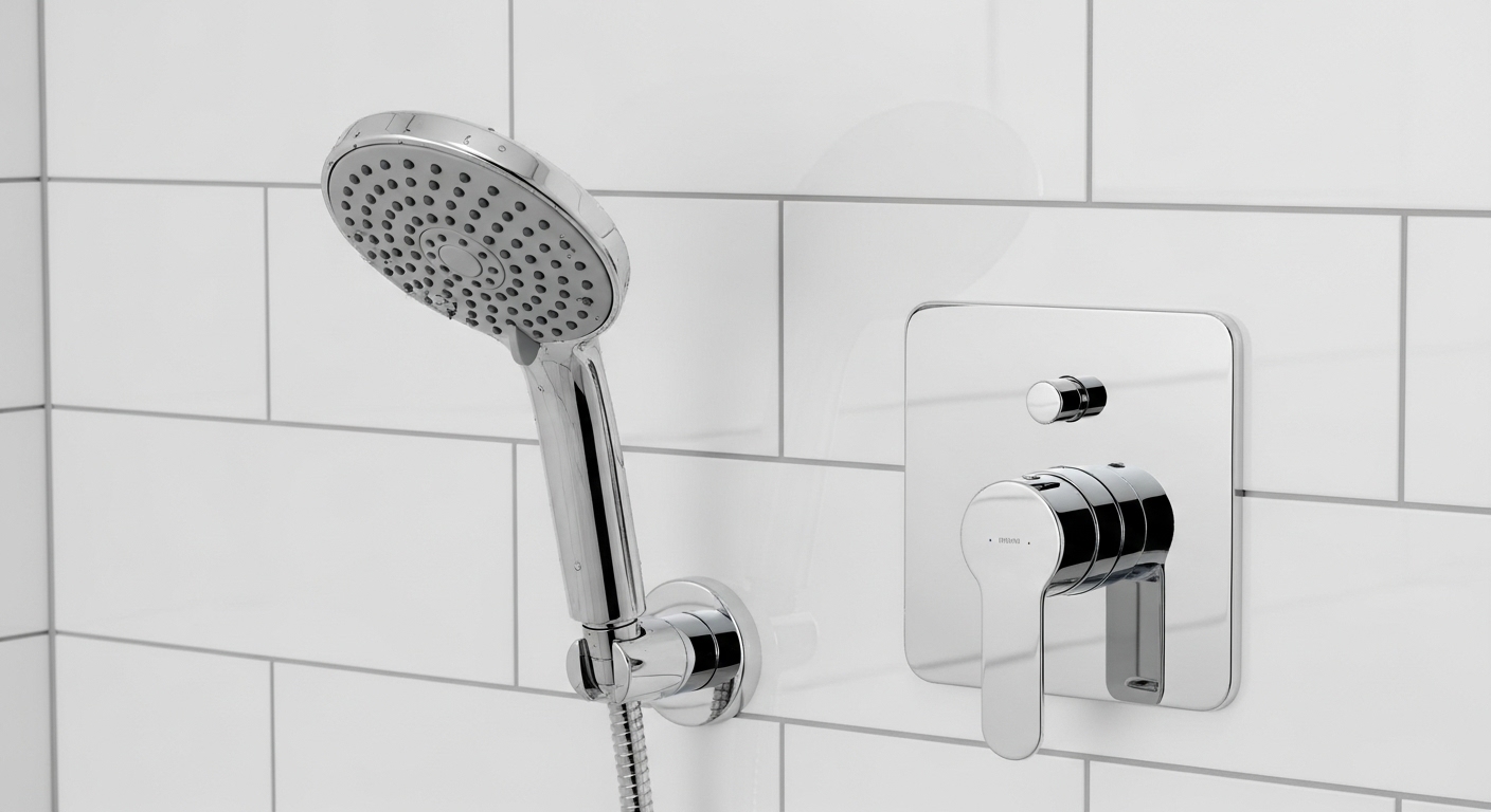Close-up of chrome rain showerhead and modern control valve showing quality shower fixture installation