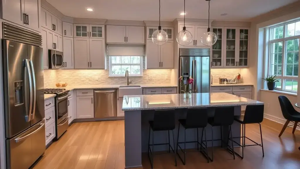Remodeled Connecticut kitchen with a large island, pendant lighting, and stainless steel appliances