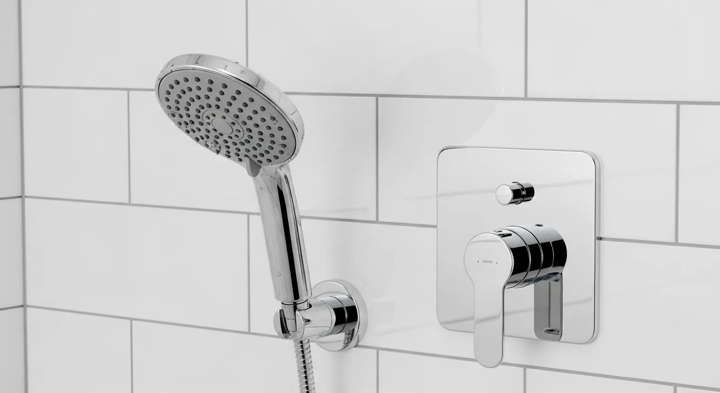 Close-up of a chrome handheld showerhead and shower valve on white subway tile