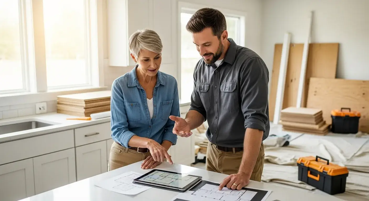 Contractor reviewing renovation plans and financing options with a homeowner