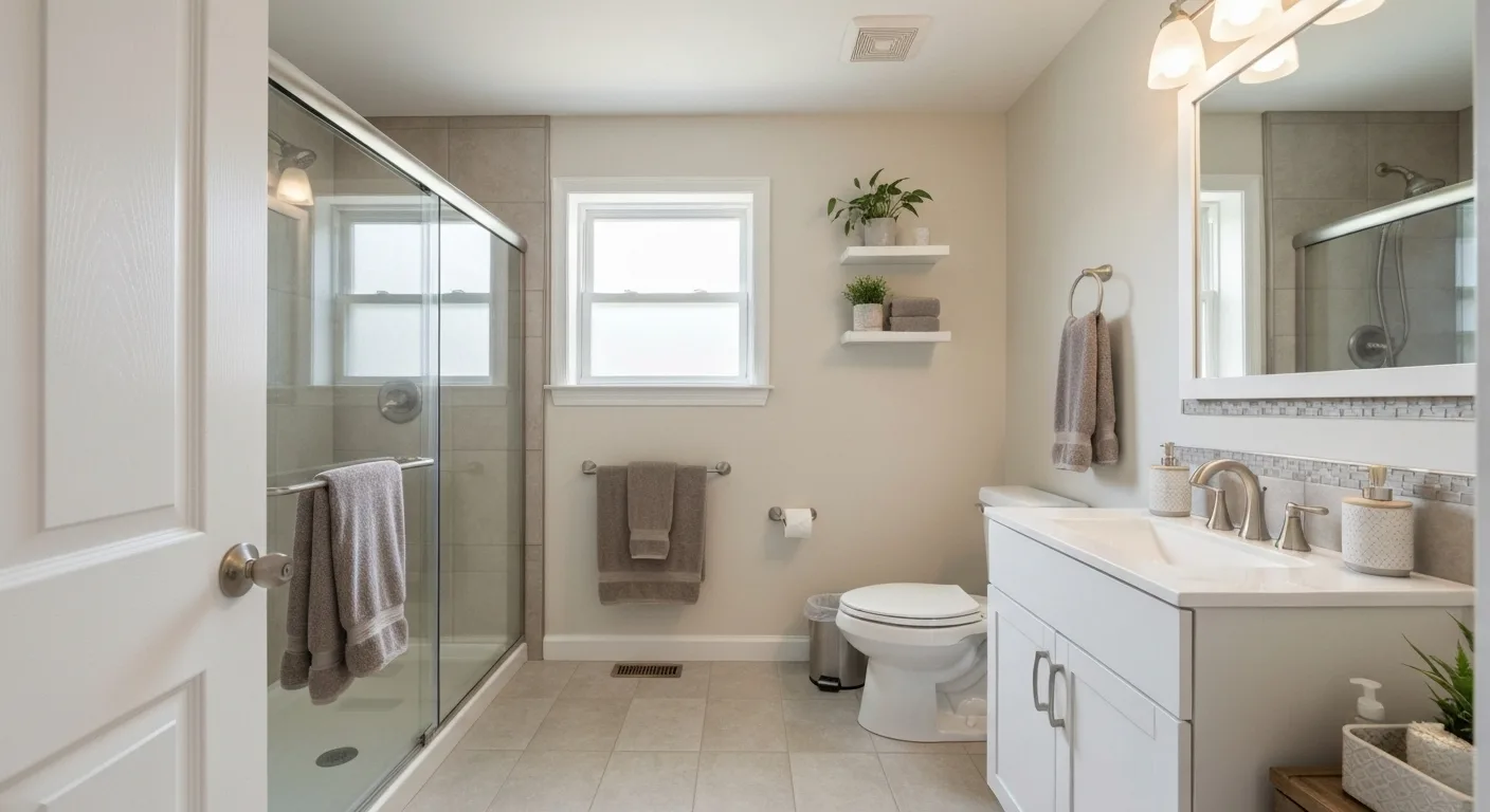 Remodeled bathroom with glass-door shower, white vanity, and mosaic tile accents
