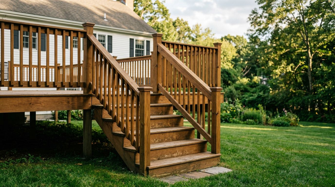 Wood deck stairs with matching post-and-baluster railings leading down to a backyard lawn