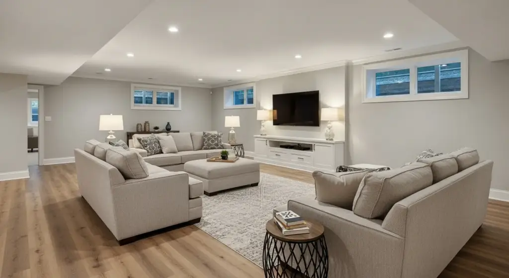 Finished basement family room with sectional sofa, TV wall, and wood-look flooring
