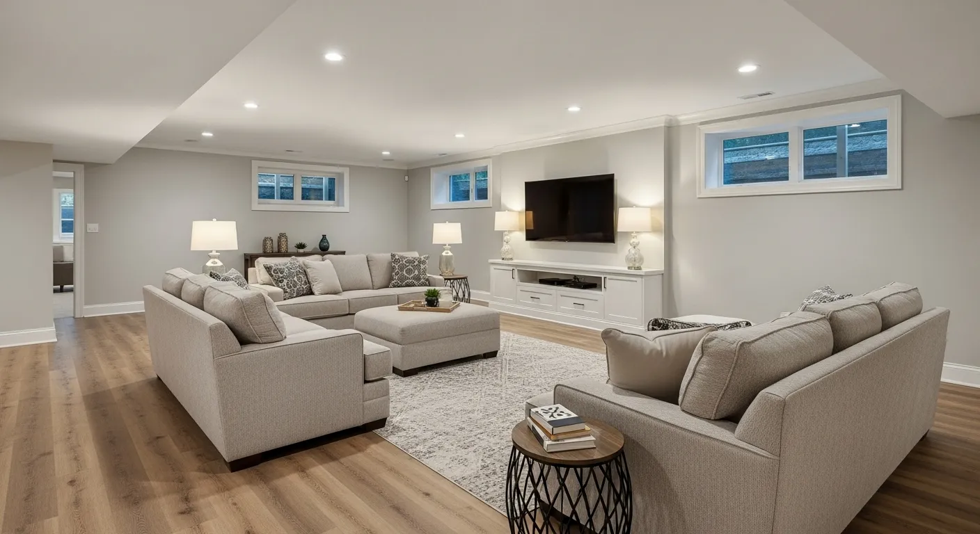 Finished basement family room with sectional sofa, TV wall, and wood-look flooring
