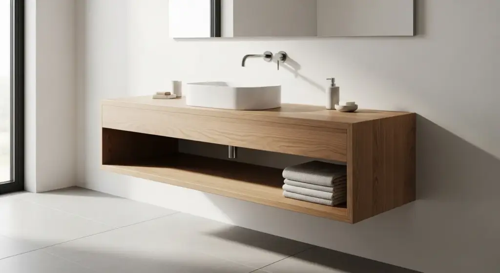 Floating wood vanity with vessel sink in a contemporary bathroom