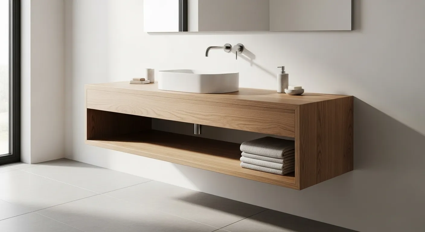 Floating wood vanity with vessel sink in a contemporary bathroom