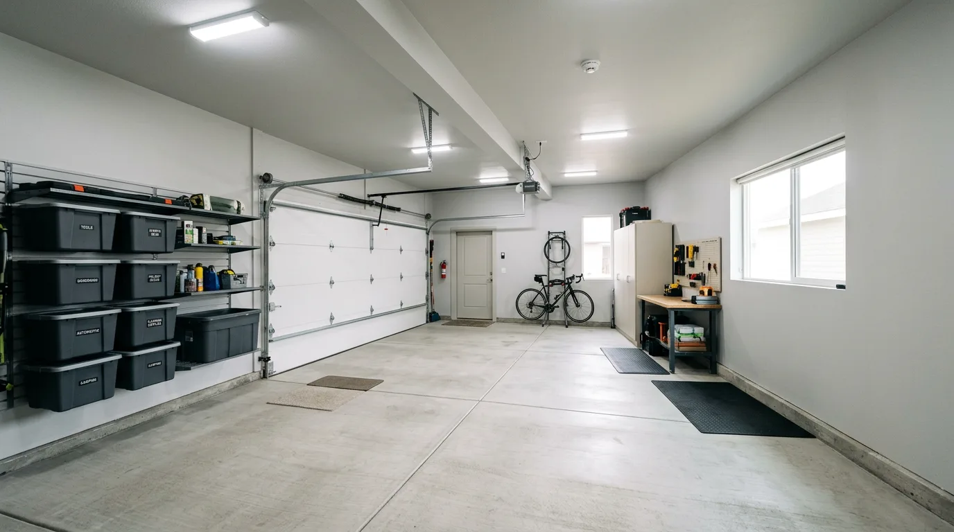 Finished garage interior with painted drywall, wall storage, and bright lighting