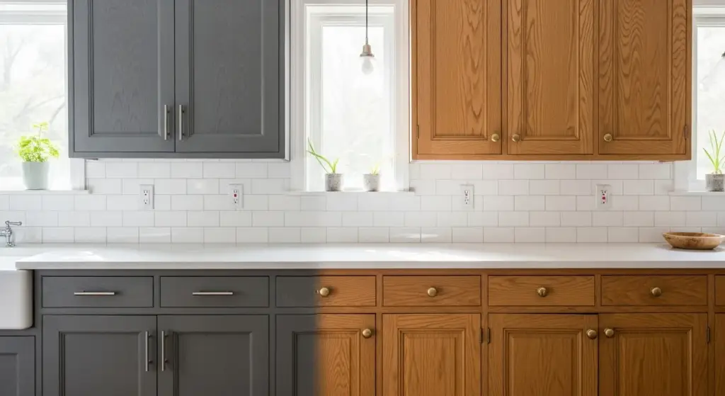 Split view comparing gray painted cabinets with original oak cabinets