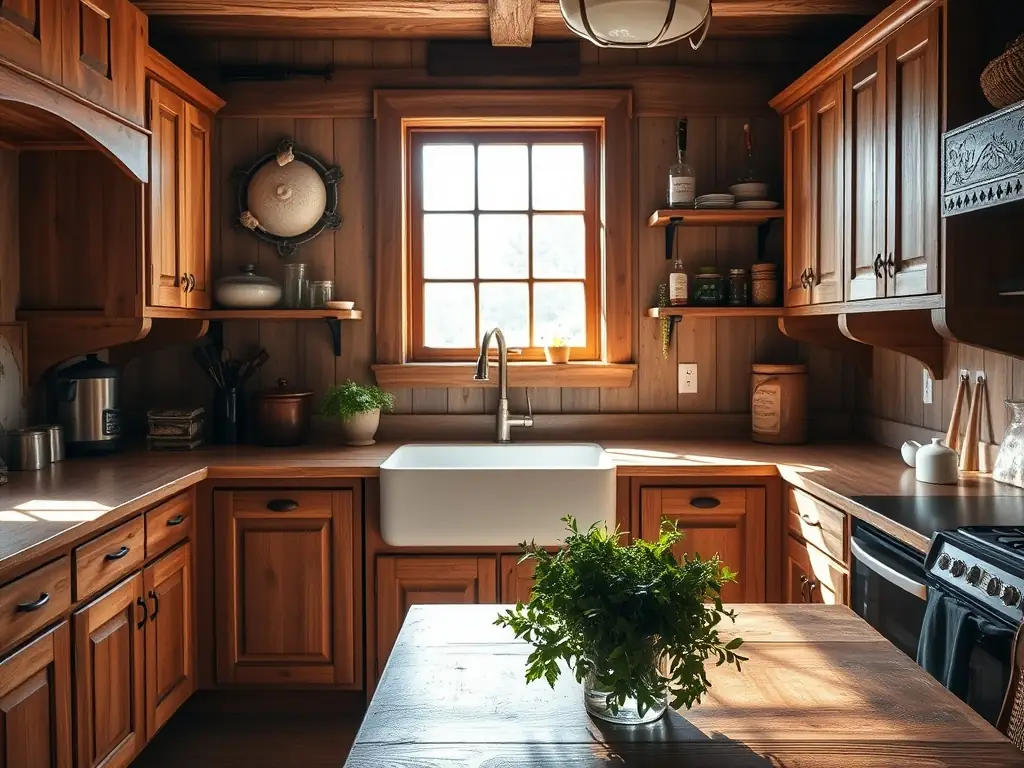 Rustic wood kitchen with farmhouse sink and open shelving