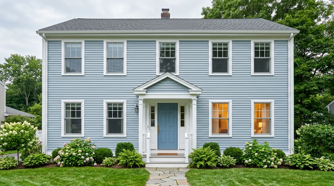 New white double-hung replacement windows on a blue vinyl-sided home
