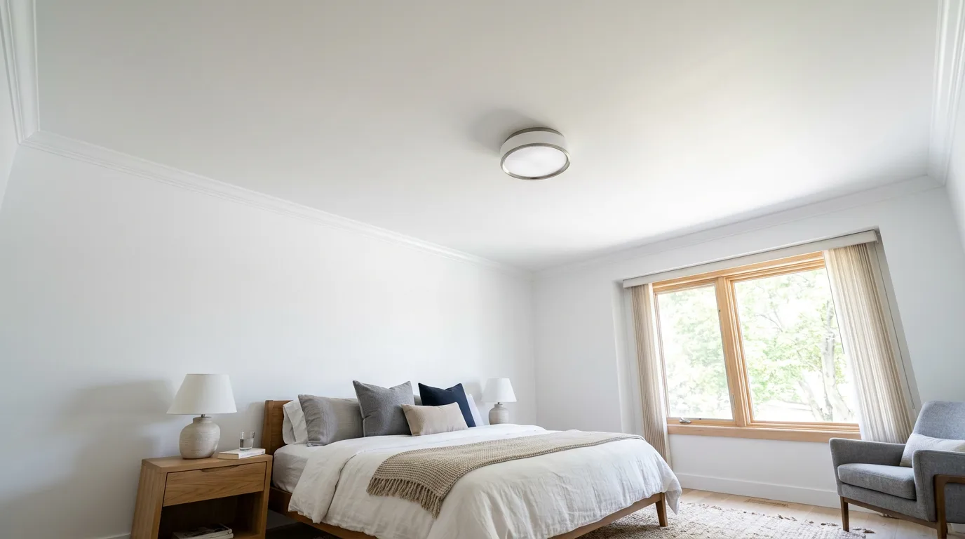 Smooth flat white ceiling in a bright bedroom after popcorn texture removal