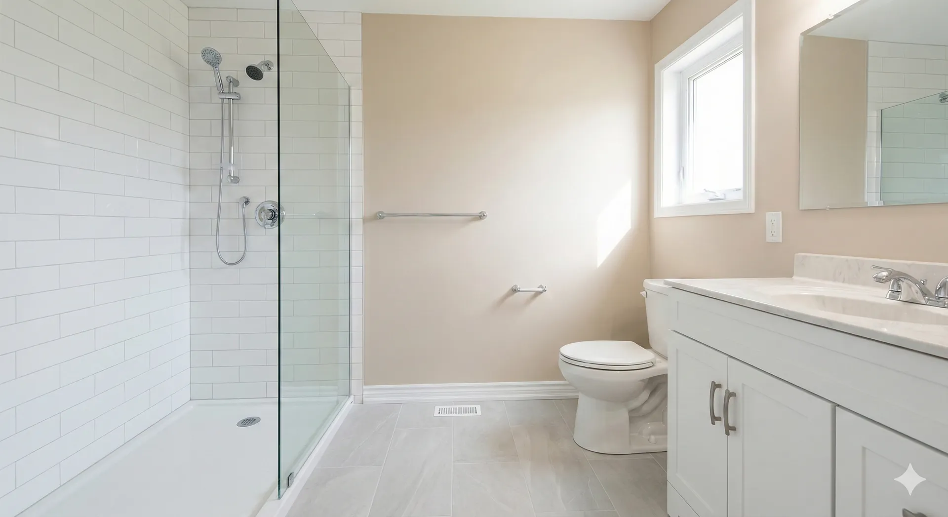 Walk-in tile shower with glass panel replacing a bathtub