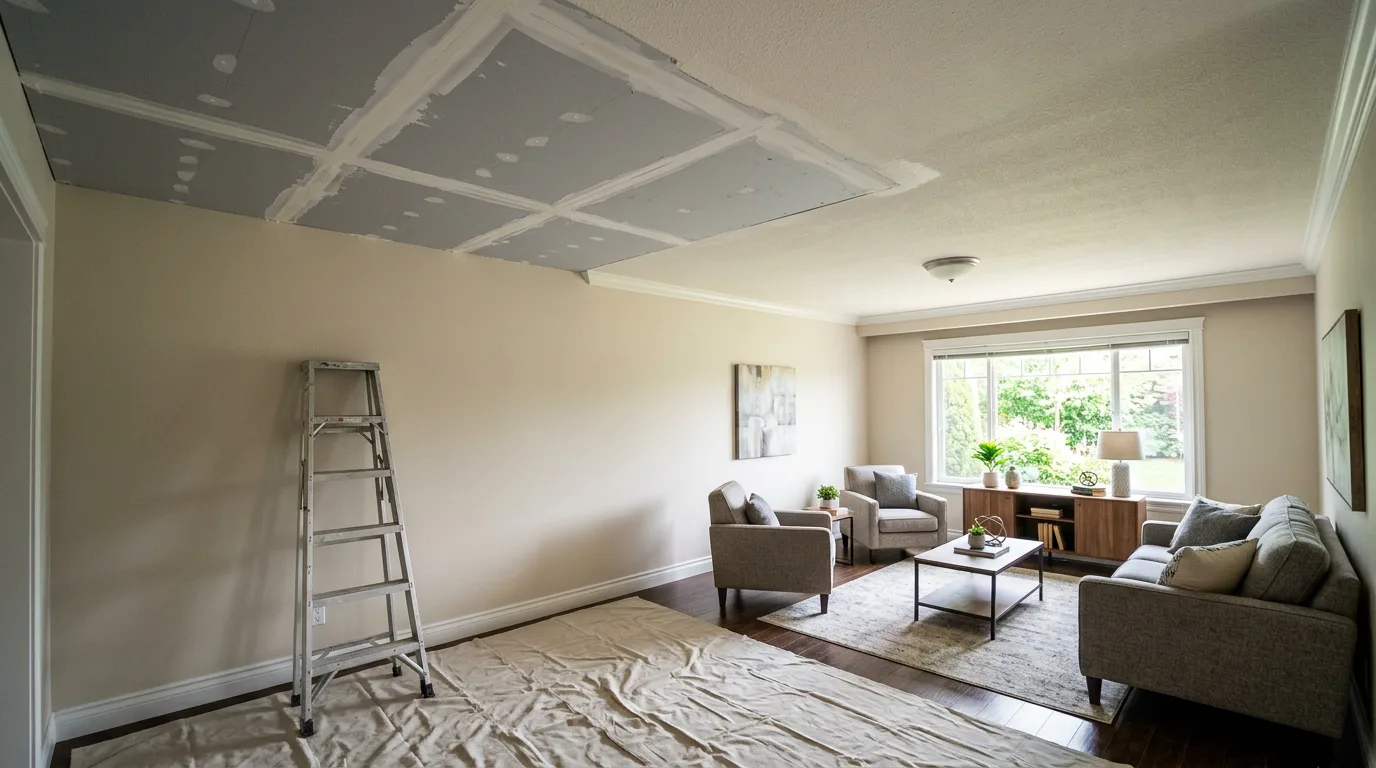 Ceiling rebuild in progress with fresh drywall after water damage