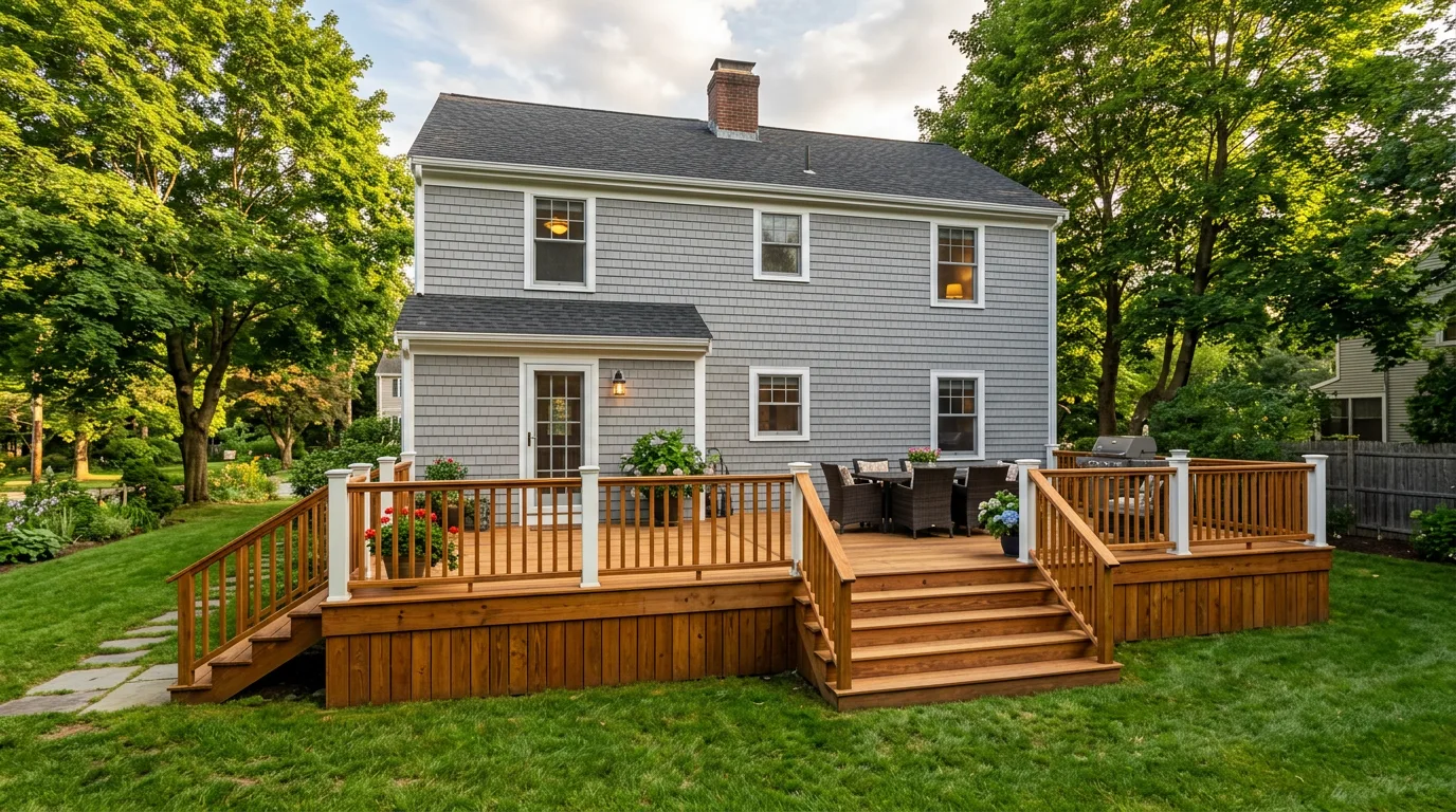 New wood deck with railings on the back of a New England colonial home