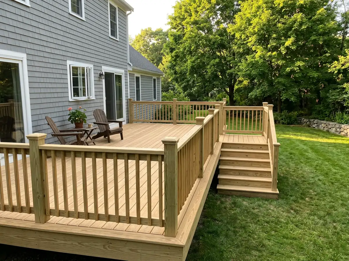 New pressure-treated wood deck with railings and stairs on the back of a gray colonial home