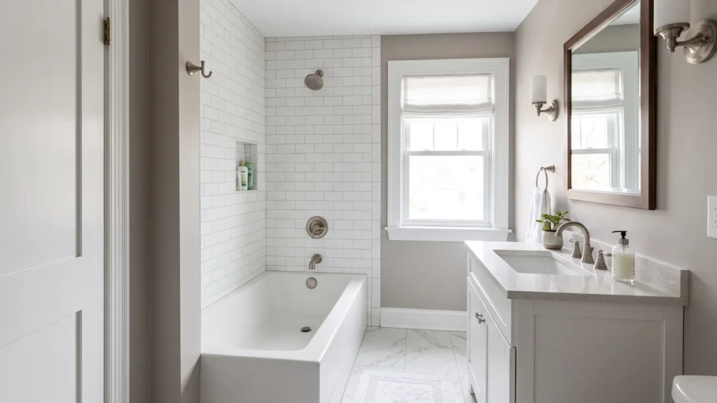 Finished midrange bathroom remodel with an alcove tub, white subway tile surround, shaker vanity with quartz top, and marble-look tile floor