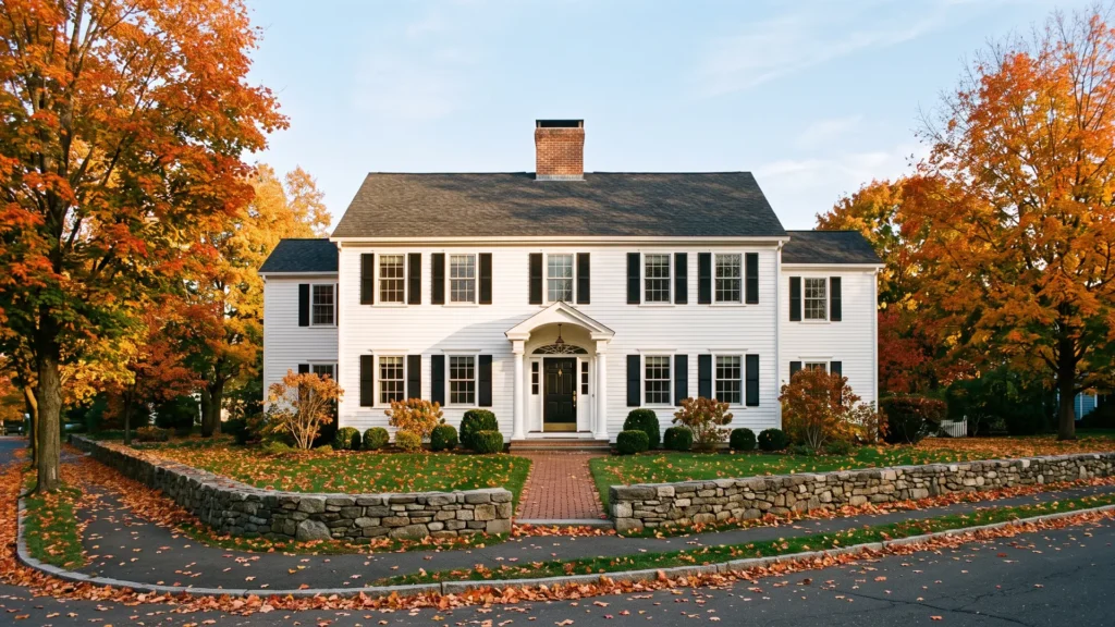 White center-hall colonial house with black shutters and a stone wall, surrounded by orange autumn maples in a Connecticut neighborhood