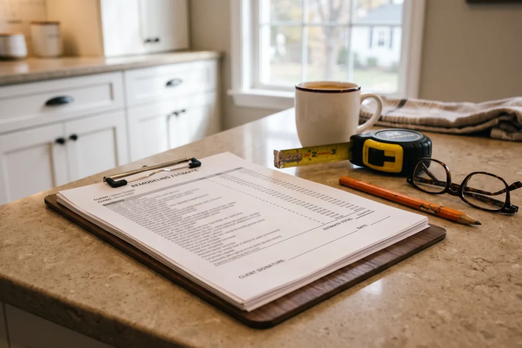 Printed remodeling estimate on a clipboard on a kitchen counter, next to a tape measure, carpenter pencil, reading glasses, and coffee mug